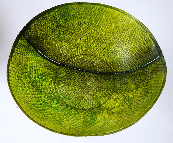 Green bowl, oil tanned Salmon dyed